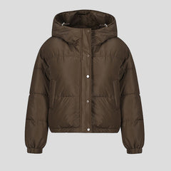 Short puffer jacket with hood and high collar