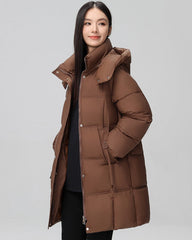 Long puffer jacket with high collar and hood