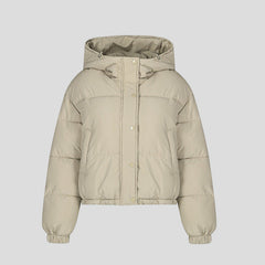 Short puffer jacket with hood and high collar