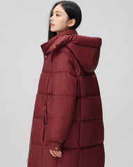 Long puffer jacket with high collar and hood