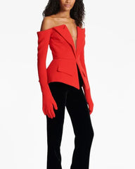 Red off-shoulder blazer with sculpted waist