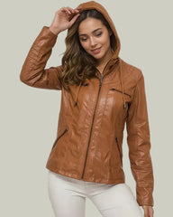Brown hooded biker jacket with zip pockets
