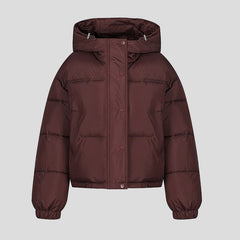 Short puffer jacket with hood and high collar