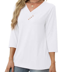 V-neck top with gathered front and decorative buttons