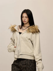 Beige oversized jacket with brown furry hood