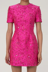 Pink flower embroidered mini dress