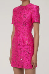 Pink flower embroidered mini dress