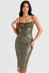 Midiklänning av olivgrön spets