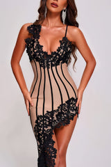 Beige asymmetrical mini dress with black lace