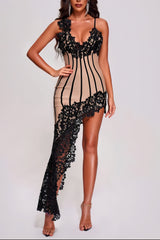 Beige asymmetrical mini dress with black lace