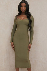 Olive green sweetheart neckline bodycon dress