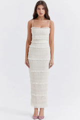 Long white structured dress with thin straps