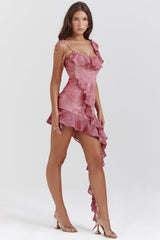 Tryckt rosa miniklänning med volanger