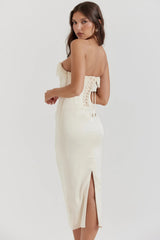 Ivory strapless midi dress with pearl details