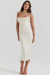 Ivory strapless midi dress with pearl details