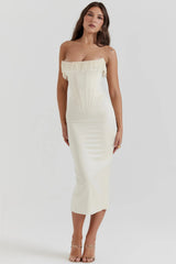 Ivory strapless midi dress with pearl details