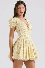 Yellow floral print mini dress with puff sleeves