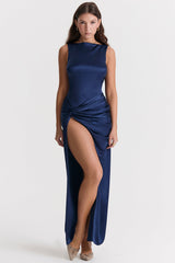 Navy draped slit maxi dress