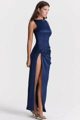 Navy draped slit maxi dress