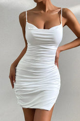 White ruffled bodycon mini dress with thin straps