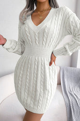 Cable knit sweater dress with V-neck