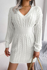 Cable knit sweater dress with V-neck