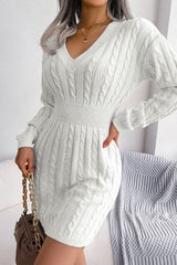 Cable knit sweater dress with V-neck
