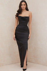 Black draped strapless long dress
