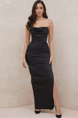 Black draped strapless long dress