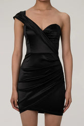 Black one-shoulder draped mini dress