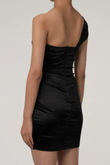 Black one-shoulder draped mini dress