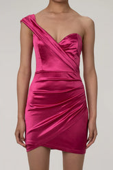 Pink satin asymmetrical mini dress