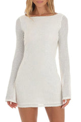 White sequined mesh mini dress with long sleeves
