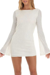 White sequined mesh mini dress with long sleeves