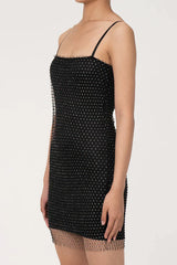 Black mini dress with rhinestones and mesh