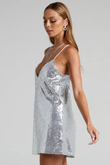 Silver sequin mini dress with thin straps