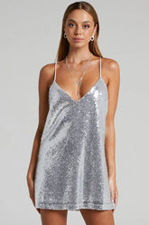 Silver sequin mini dress with thin straps