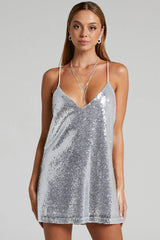 Silver sequin mini dress with thin straps
