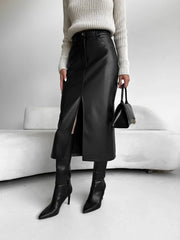 Black leather dress with front slit