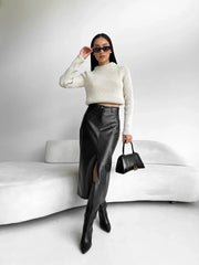 Black leather dress with front slit