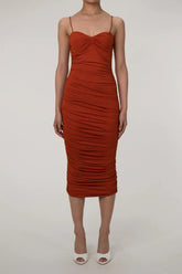 Ruffled midi dress with spaghetti straps