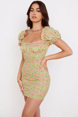 Floral print mini dress with puff sleeves