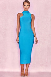 Blue sleeveless high neck bodycon midi dress