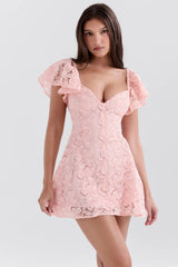 Pink lace dress with ruffled sleeves