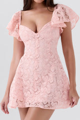 Pink lace dress with ruffled sleeves