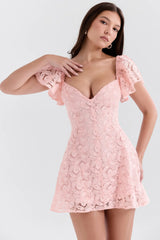Pink lace dress with ruffled sleeves