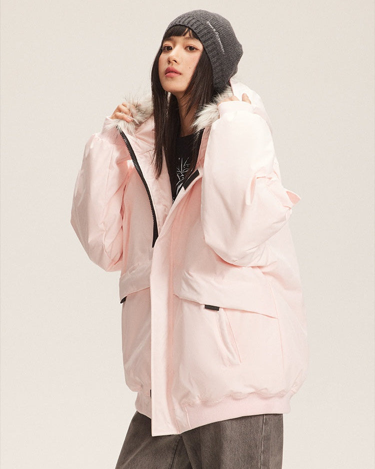 Pink parka with hood and faux fur