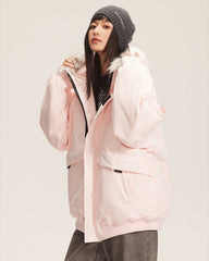 Pink parka with hood and faux fur