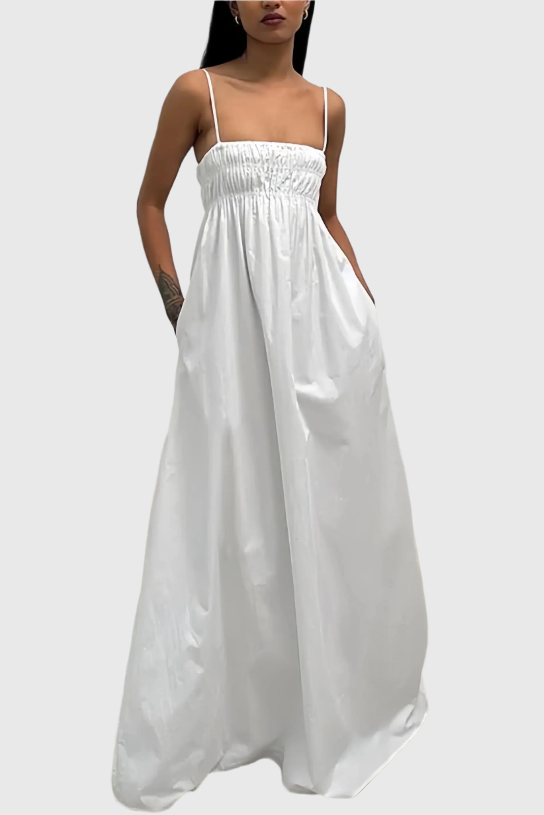 White sleeveless long dress with open back