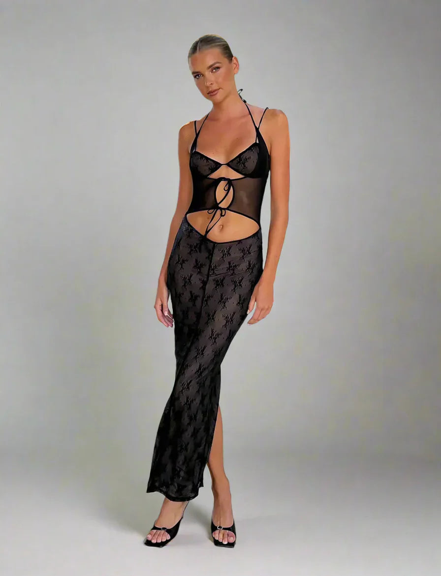 Lyxig transparent långklänning med utskärning